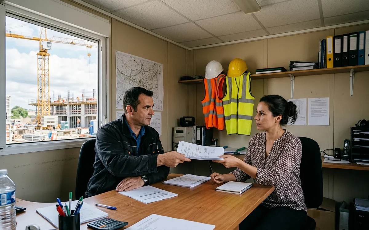 Dans un bungalow de chantier, un conducteur de travaux et une ingénieure de bureau d'études échangent des documents
