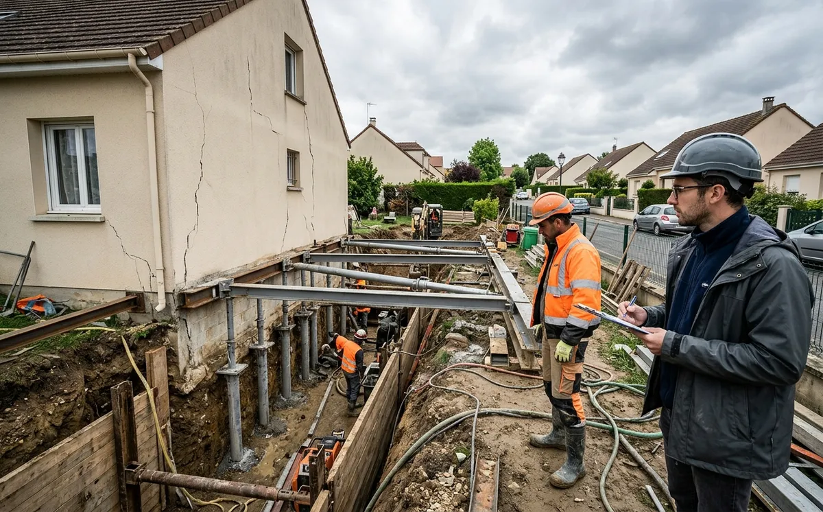 Travaux de reprise en sous-œuvre le long d'une maison fissurée, un ouvrier et un ingénieur observent la tranchée