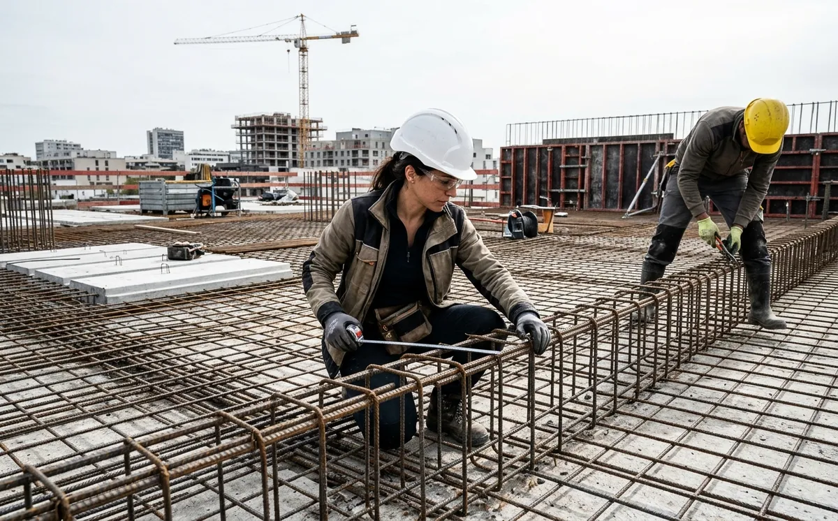 Une ingénieure structure vérifie le ferraillage d'une dalle avant coulage, un compagnon attache des armatures